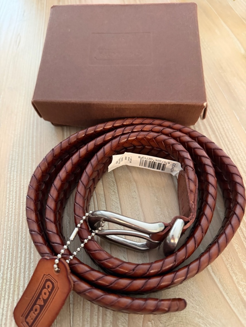 Coach Men’s Braided Leather Belt - Brown with Silver Buckle - Picture 2 of 3